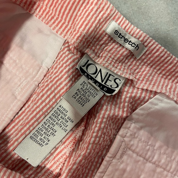 Jones Studio Size 14 Pink White Stripe Seersucker Cotton Stretch Cropped Pants - Picture 11 of 11